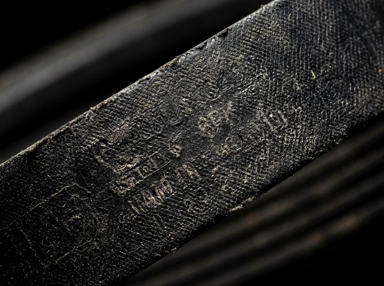 Macro photo of embossed manufacturer markings on the back of a V-belt
