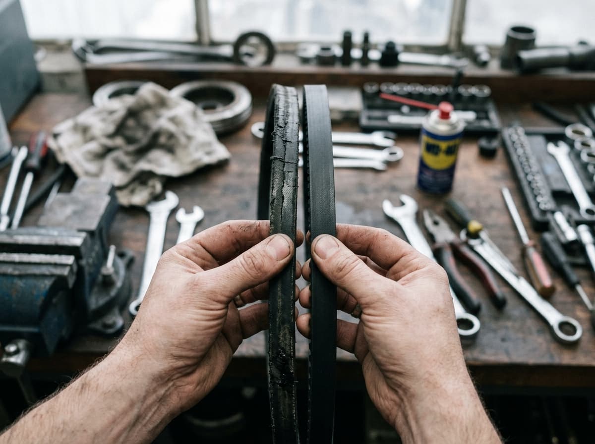 Hands holding a worn V-belt against a new belt to compare profile and length