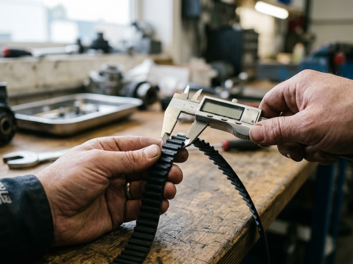 Vernier calipers measuring the distance between adjacent teeth on a timing belt