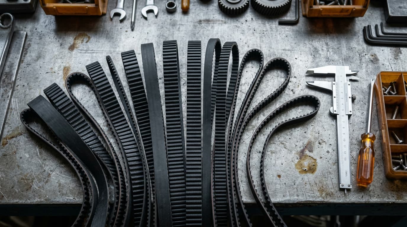 Assortment of industrial timing belts with different tooth profiles beside calipers