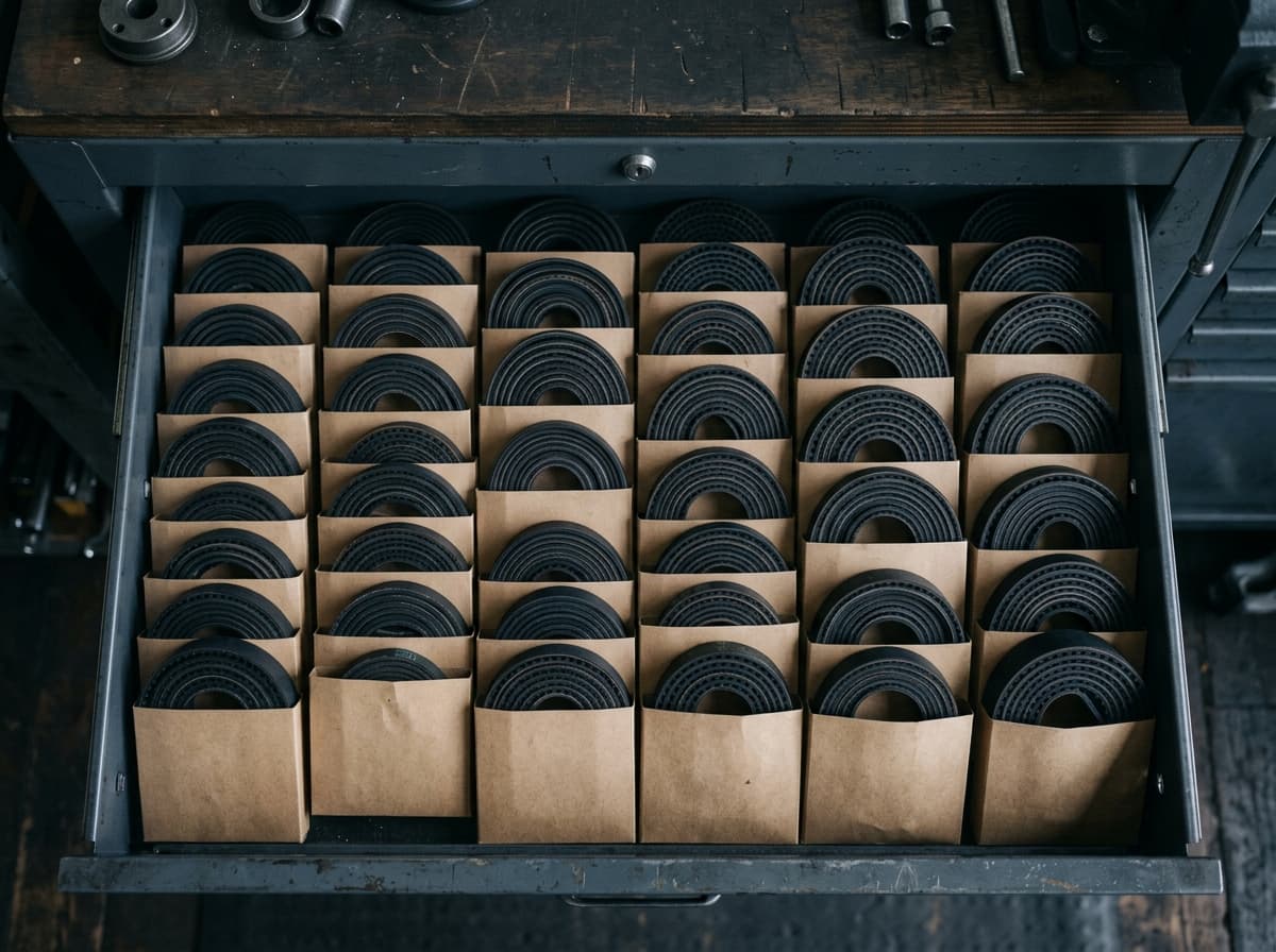 Workshop drawer with coiled timing belts of various widths