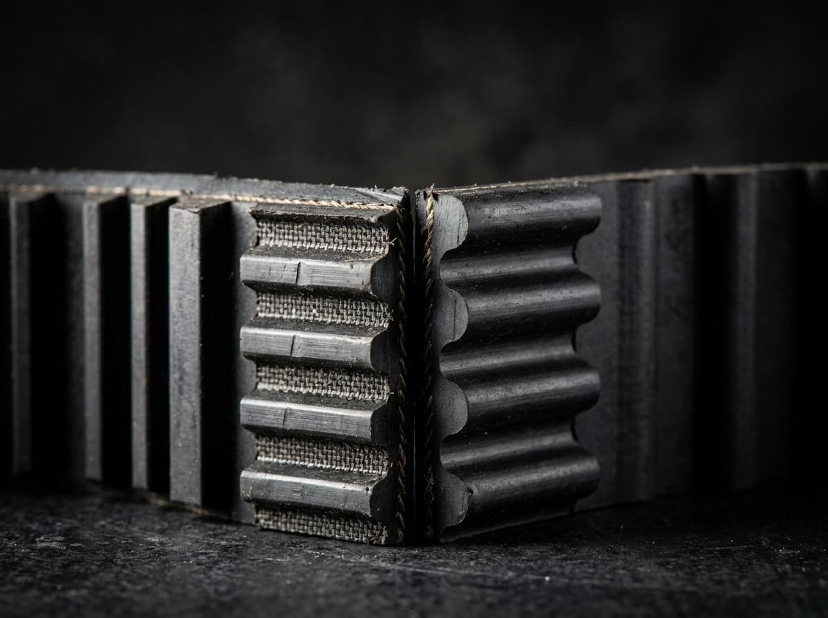 Macro photo of two timing belt segments showing squared trapezoidal teeth beside rounded curvilinear teeth