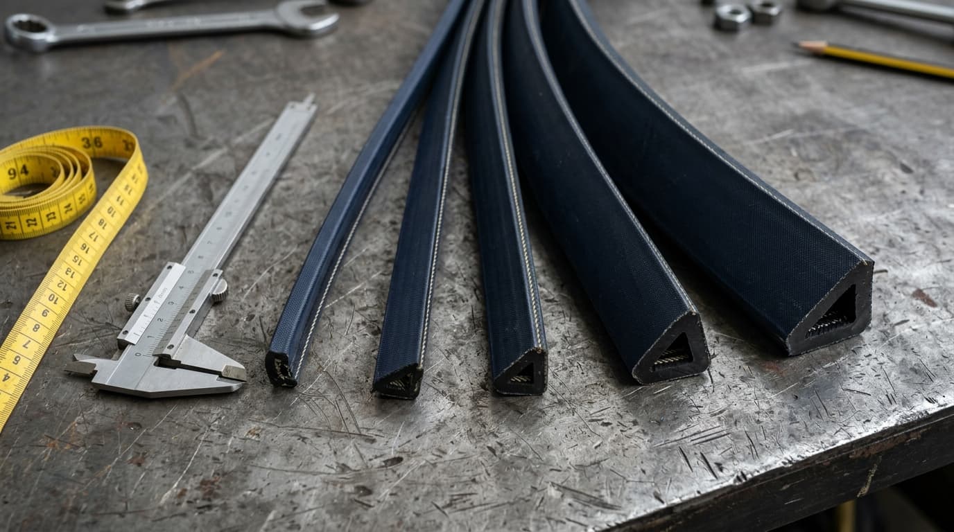 Five industrial V-belts of different sections beside a measuring tape and calipers