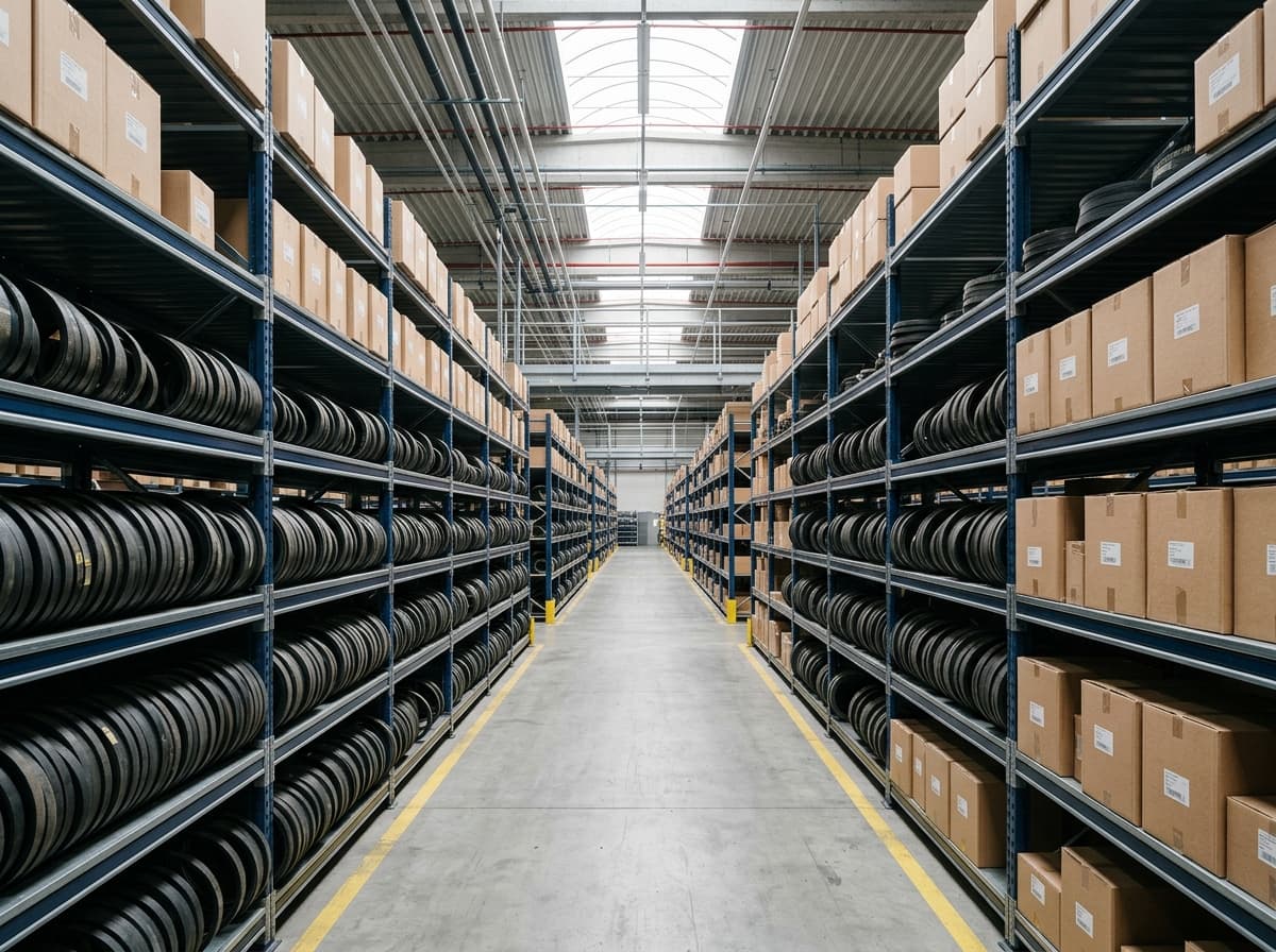 Warehouse shelving with rows of coiled industrial belts in stock